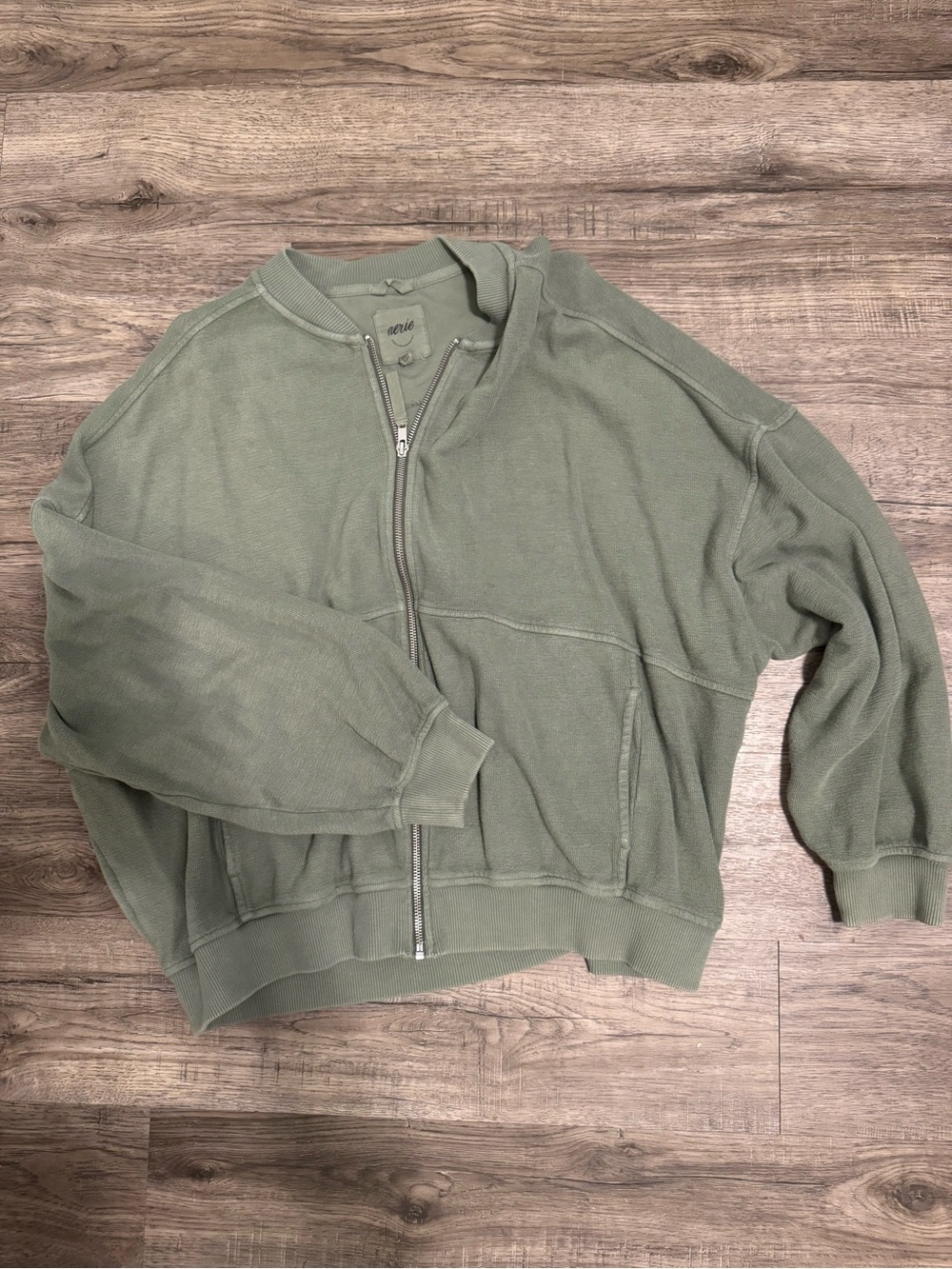 aerie Sage Green Zip-Up Knit Jacket